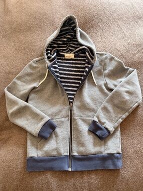 Marine Layer Gray Zip Hoodie with Navy Trim and Striped Lining